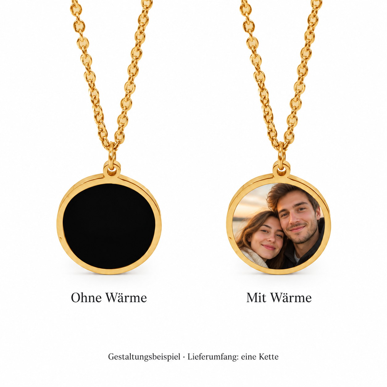 Runde Fotokette in Gold mit Wunschfoto – Gestaltungsbeispiel ohne und mit Wärme auf weißem Hintergrund; eine Kette im Lieferumfang.