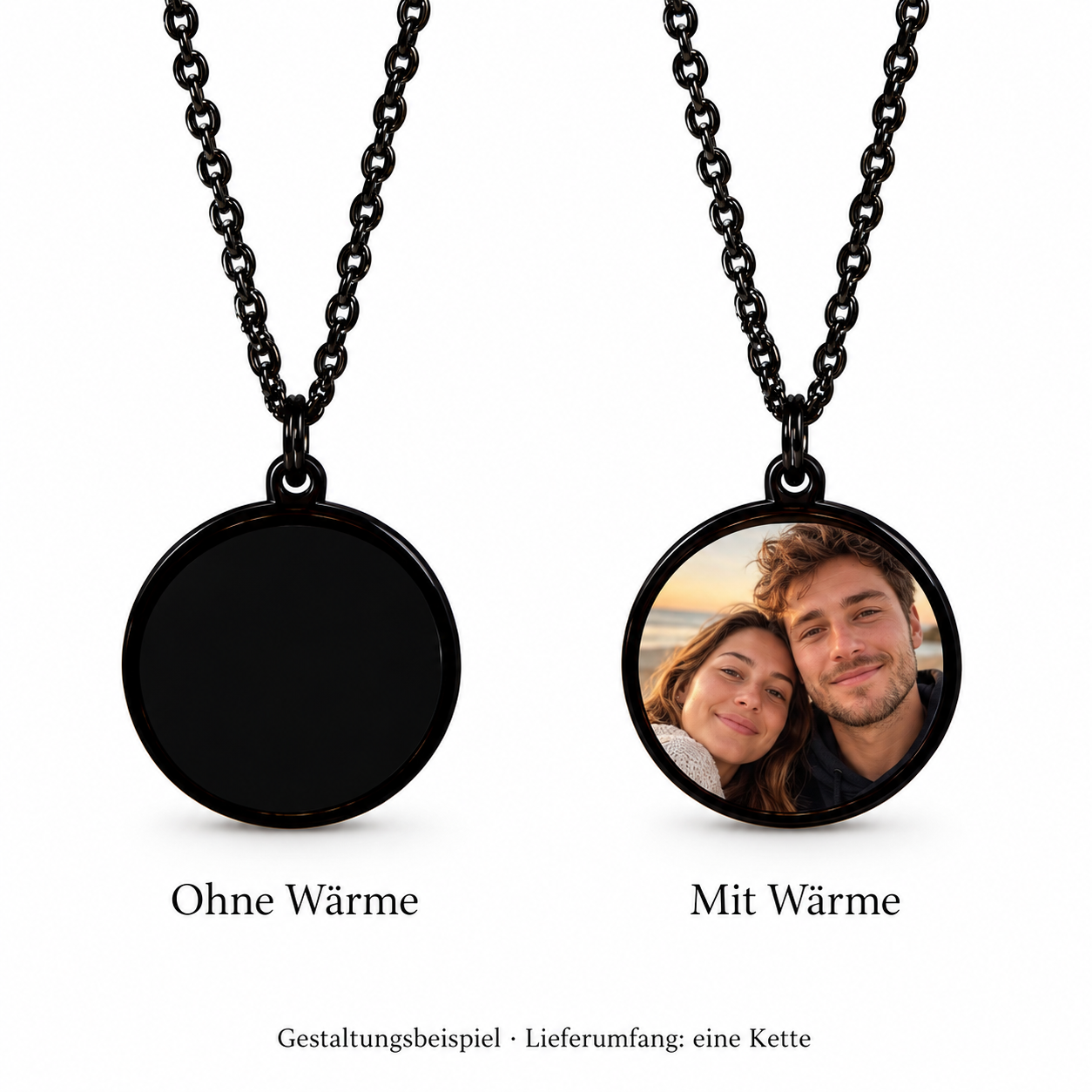 Runde Fotokette in Schwarz mit Wunschfoto – Gestaltungsbeispiel ohne und mit Wärme auf weißem Hintergrund; eine Kette im Lieferumfang.