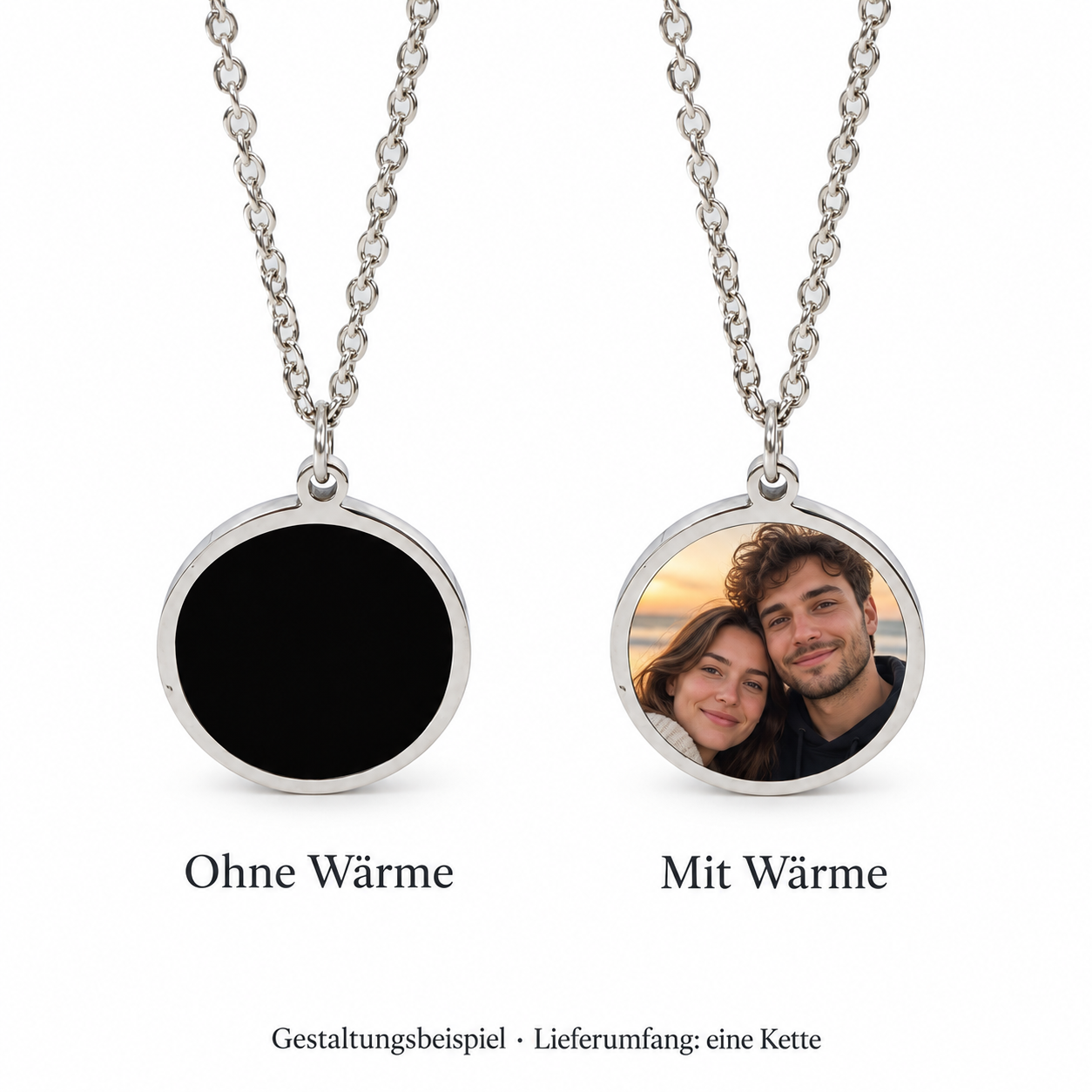 Runde Fotokette in Silber mit Wunschfoto – Gestaltungsbeispiel ohne und mit Wärme auf weißem Hintergrund; eine Kette im Lieferumfang.